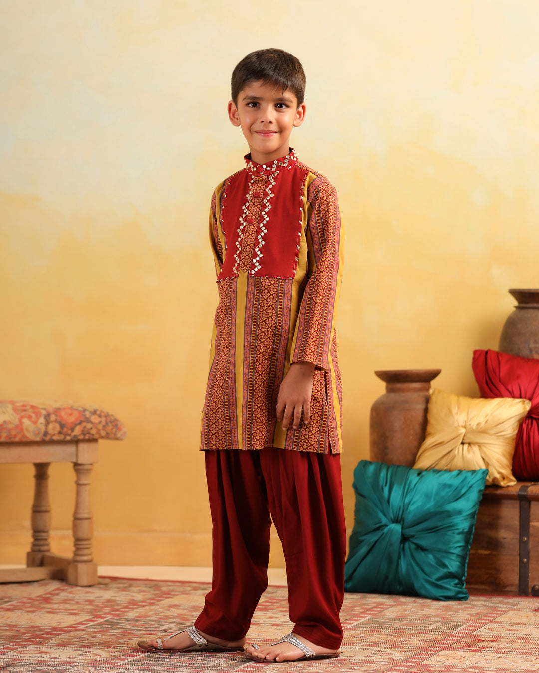 Boy Dhola Maru Kurta Set - Mustard Yellow