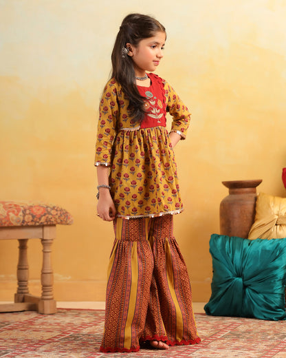 Girl Dhola Maru Print Sharara Set - Mustard Yellow