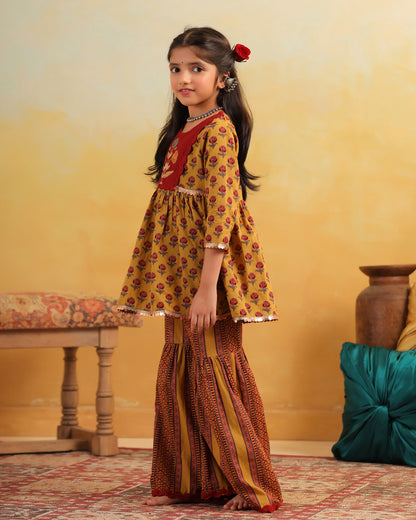Girl Dhola Maru Print Sharara Set - Mustard Yellow