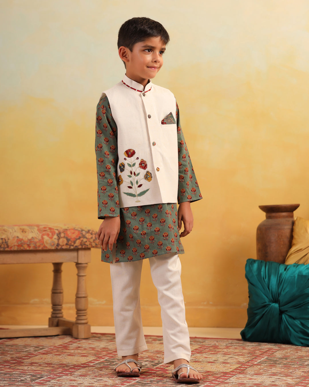 Boy Dhola Maru Embroidery Bundy Set - Beige