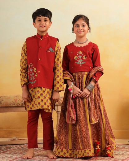 Girl Dhola Maru Floral Embroidered Skirt Top Set - Mustard & Maroon
