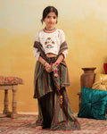 Girl Dhola Maru Floral Embroidered Skirt Top Set - Beige & Green
