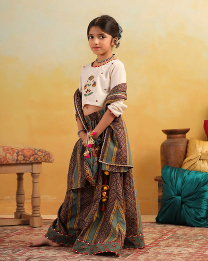 Girl Dhola Maru Floral Embroidered Skirt Top Set - Beige & Green