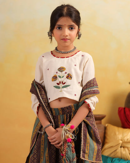 Girl Dhola Maru Floral Embroidered Skirt Top Set - Beige & Green