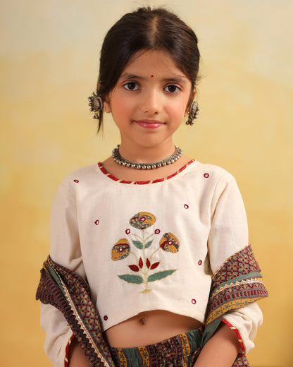 Girl Dhola Maru Floral Embroidered Skirt Top Set - Beige & Green