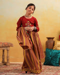 Girl Dhola Maru Floral Embroidered Skirt Top Set - Mustard & Maroon