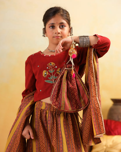 Girl Dhola Maru Floral Embroidered Skirt Top Set - Mustard & Maroon