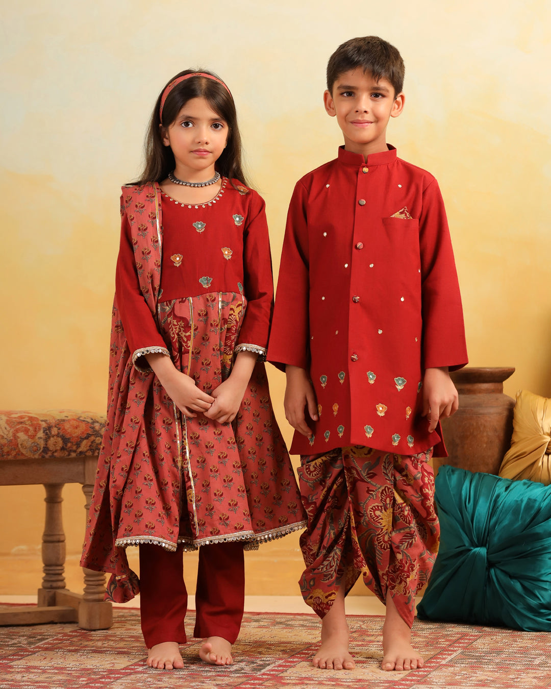 Girl Dhola Maru Floral Jaal Suit Set-Maroon and Pink