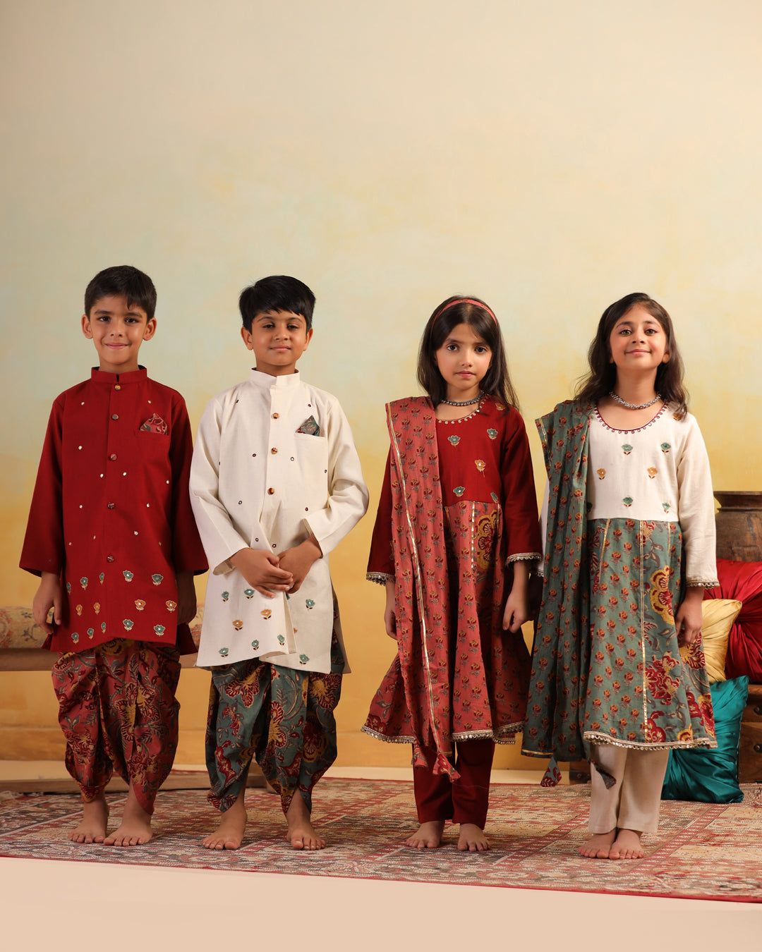 Girl Dhola Maru Floral Jaal Suit Set-Maroon and Pink