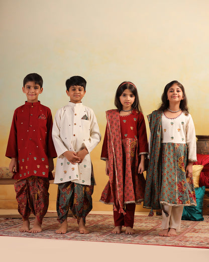 Girl Dhola Maru Floral Jaal Suit Set-Maroon and Pink