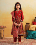 Girl Dhola Maru Floral Jaal Suit Set-Maroon and Pink