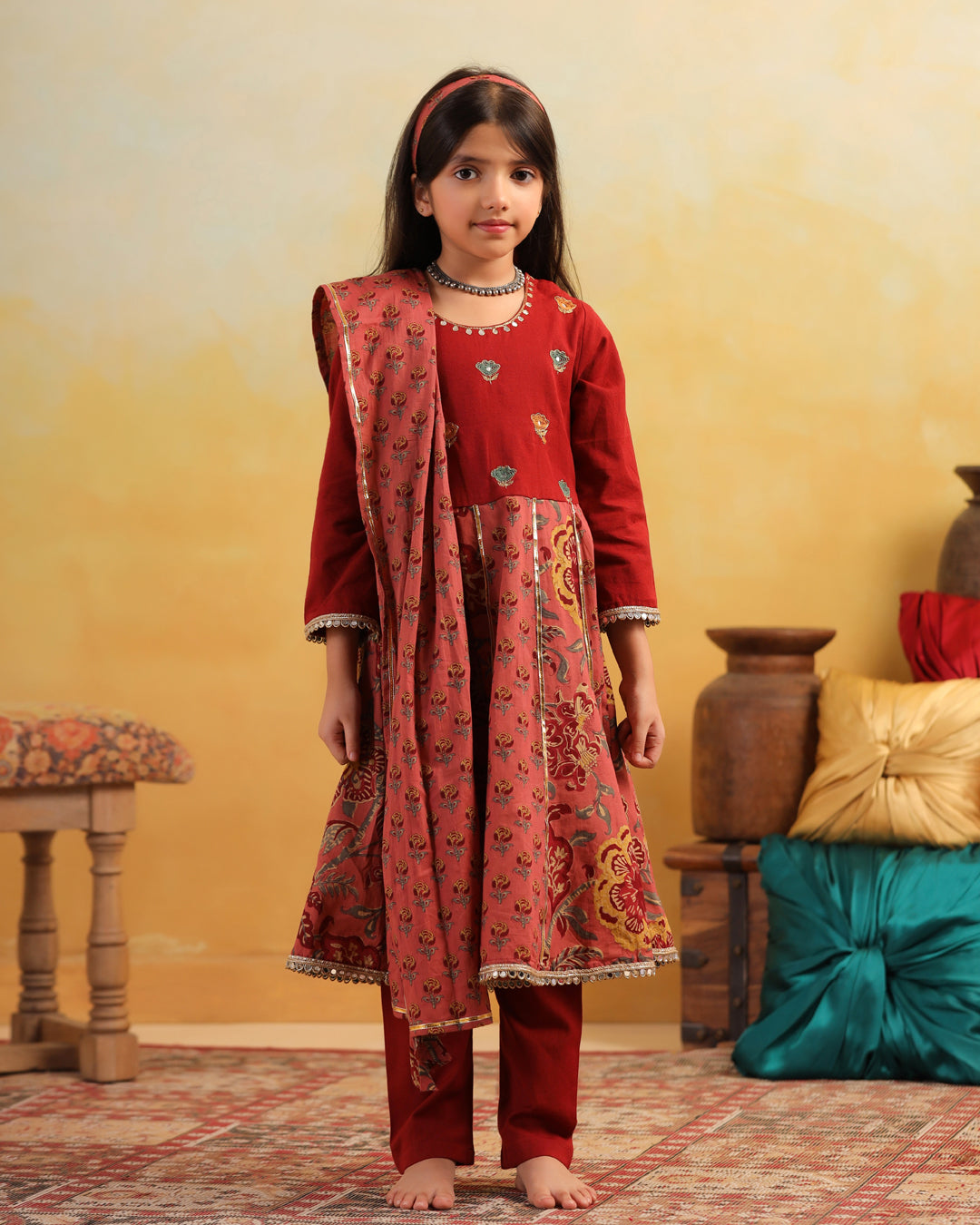 Girl Dhola Maru Floral Jaal Suit Set-Maroon and Pink