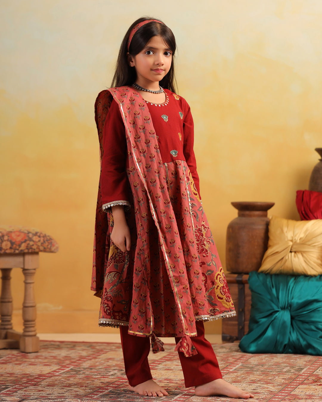 Girl Dhola Maru Floral Jaal Suit Set-Maroon and Pink