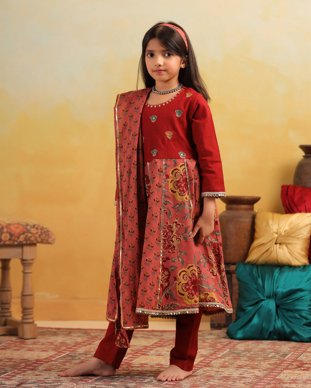 Girl Dhola Maru Floral Jaal Suit Set-Maroon and Pink