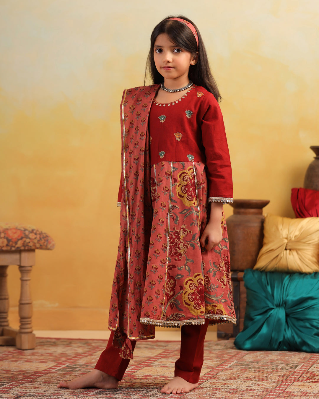 Girl Dhola Maru Floral Jaal Suit Set-Maroon and Pink