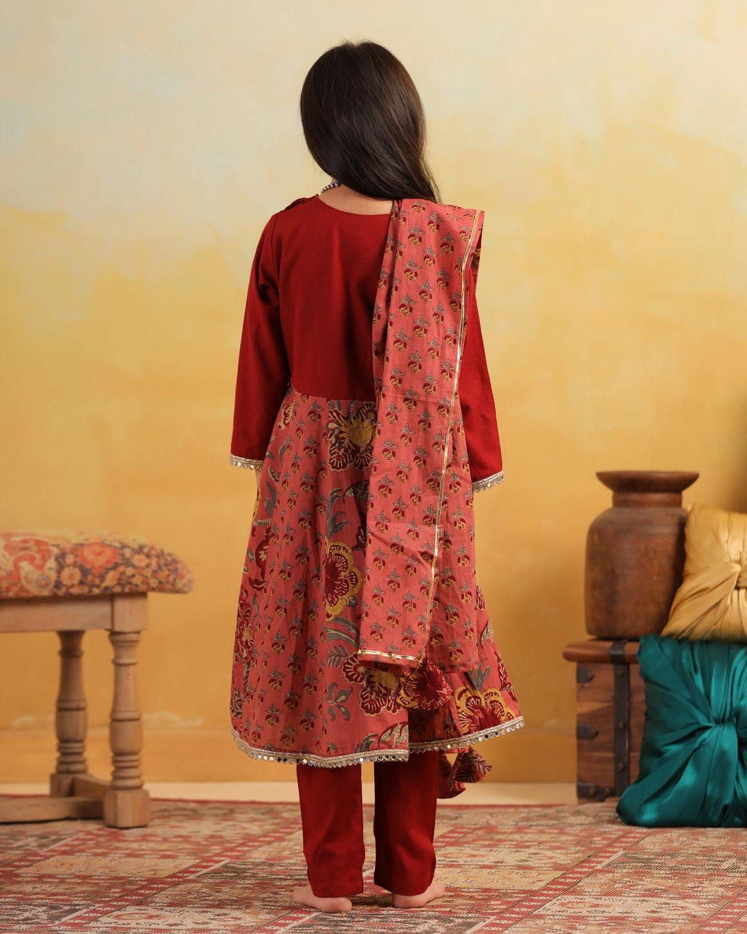 Girl Dhola Maru Floral Jaal Suit Set-Maroon and Pink