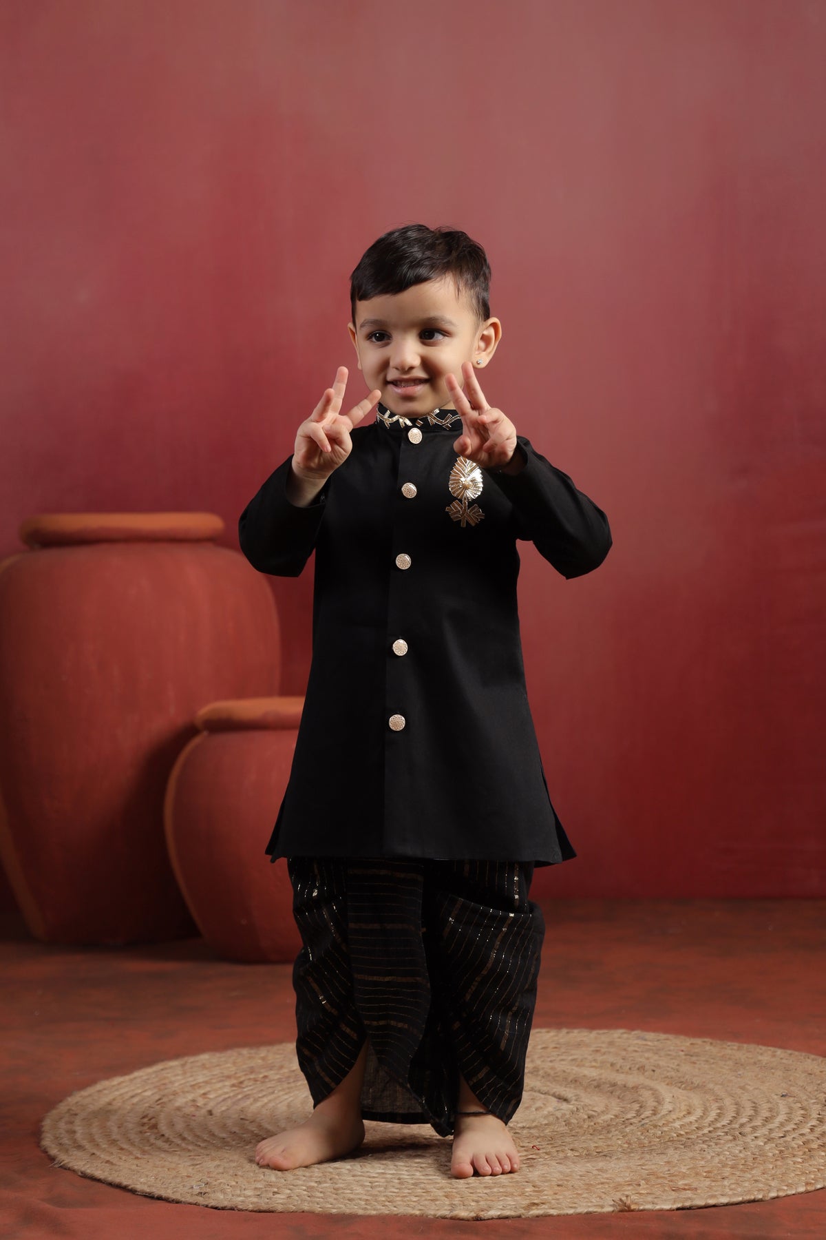 Boy Rajwada Dhoti Sherwani Kurta Set - Black