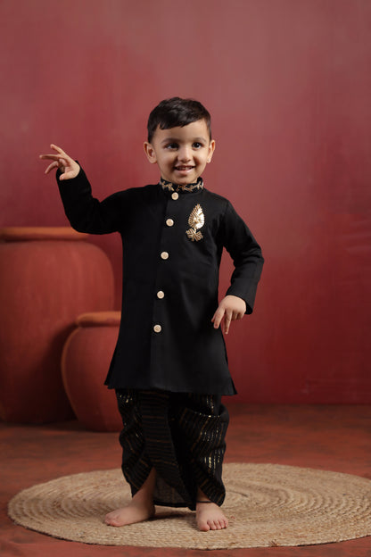 Boy Rajwada Dhoti Sherwani Kurta Set - Black