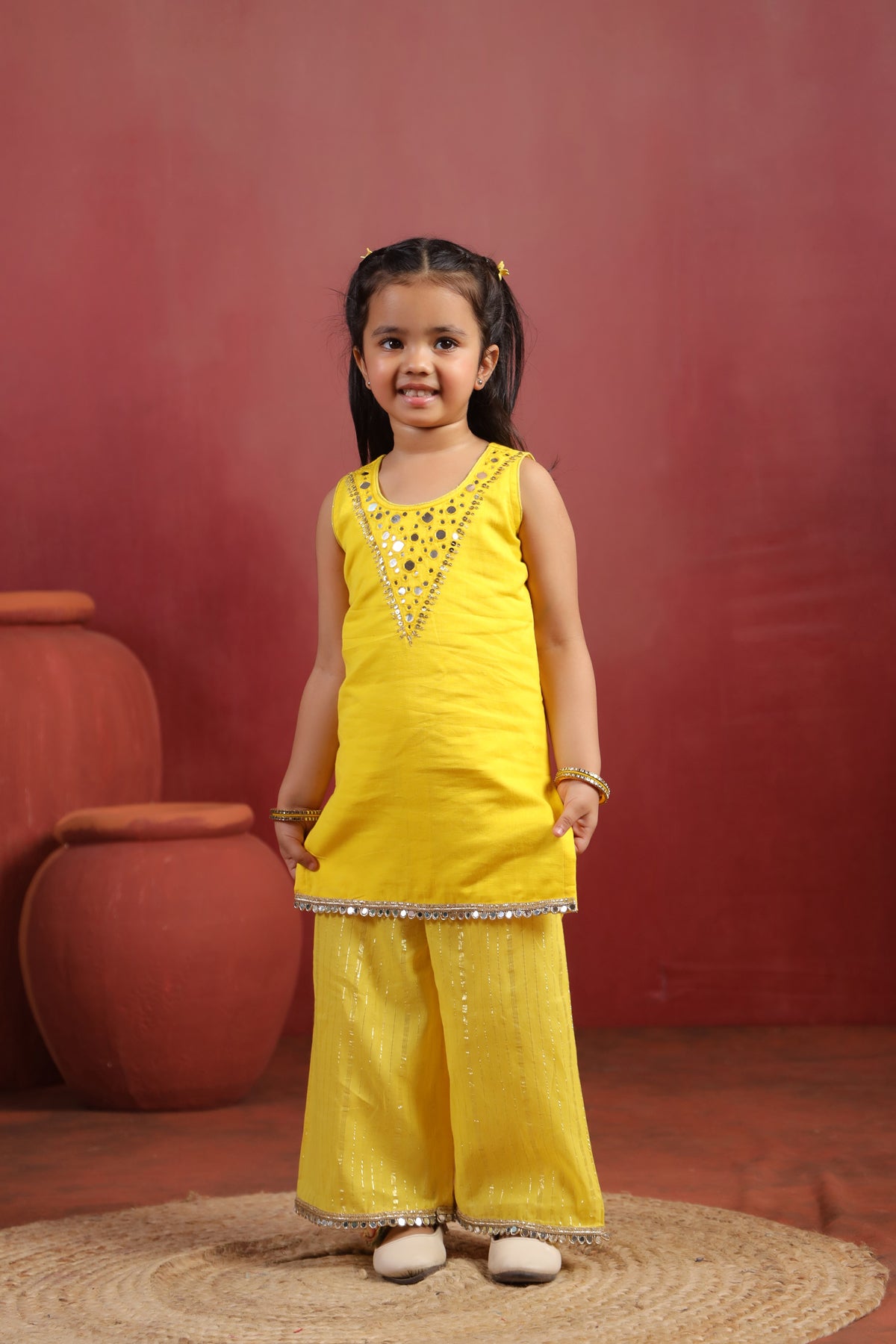 Girl Royal Mirror Kurta Palazzo Set -Yellow