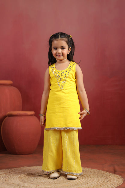 Girl Royal Mirror Kurta Palazzo Set -Yellow