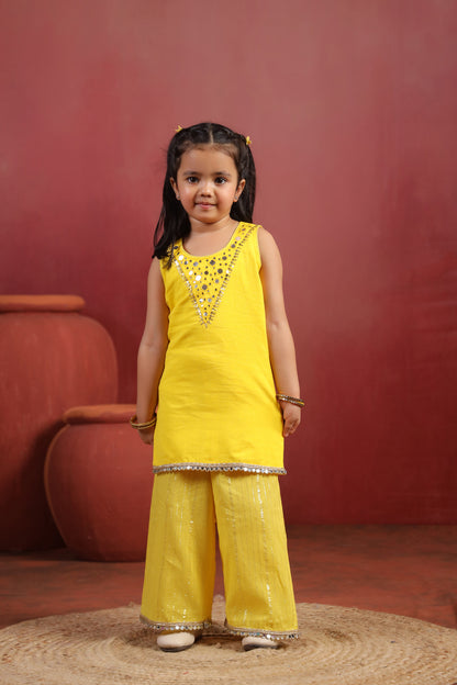 Girl Royal Mirror Kurta Palazzo Set -Yellow