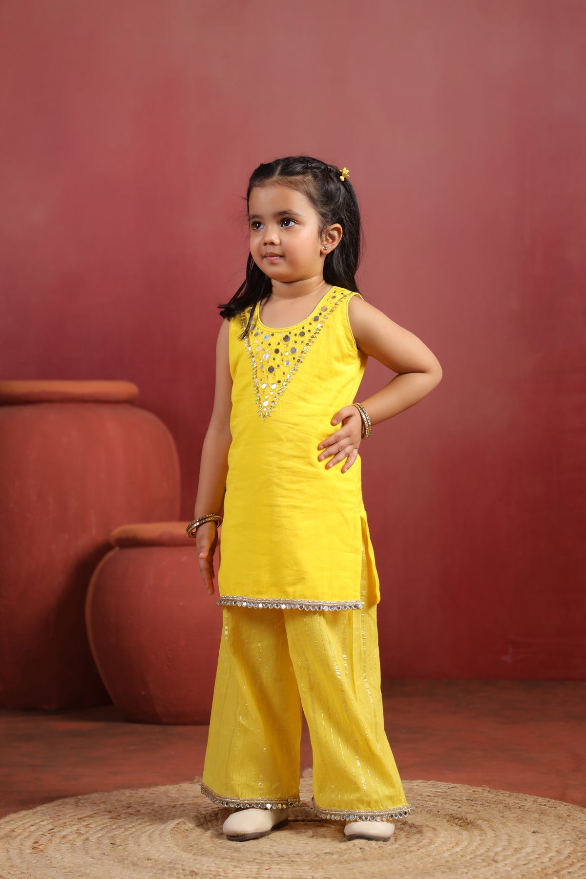Girl Royal Mirror Kurta Palazzo Set -Yellow