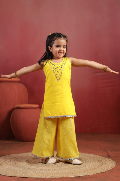 Girl Royal Mirror Kurta Palazzo Set -Yellow