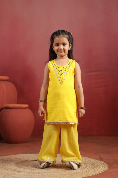 Girl Royal Mirror Kurta Palazzo Set -Yellow
