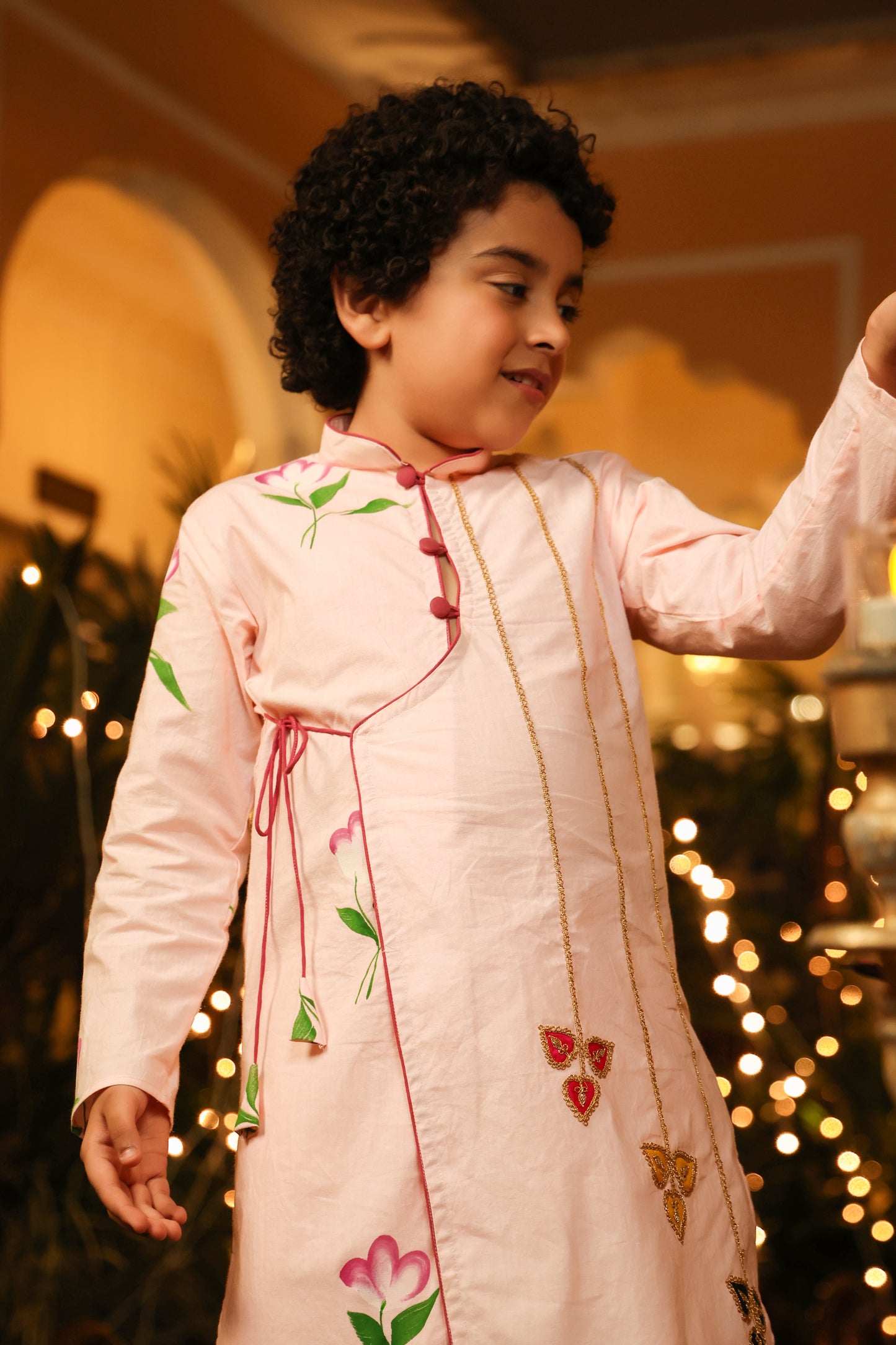 Boy Handpainted Angarkha Dhoti Set-Pink