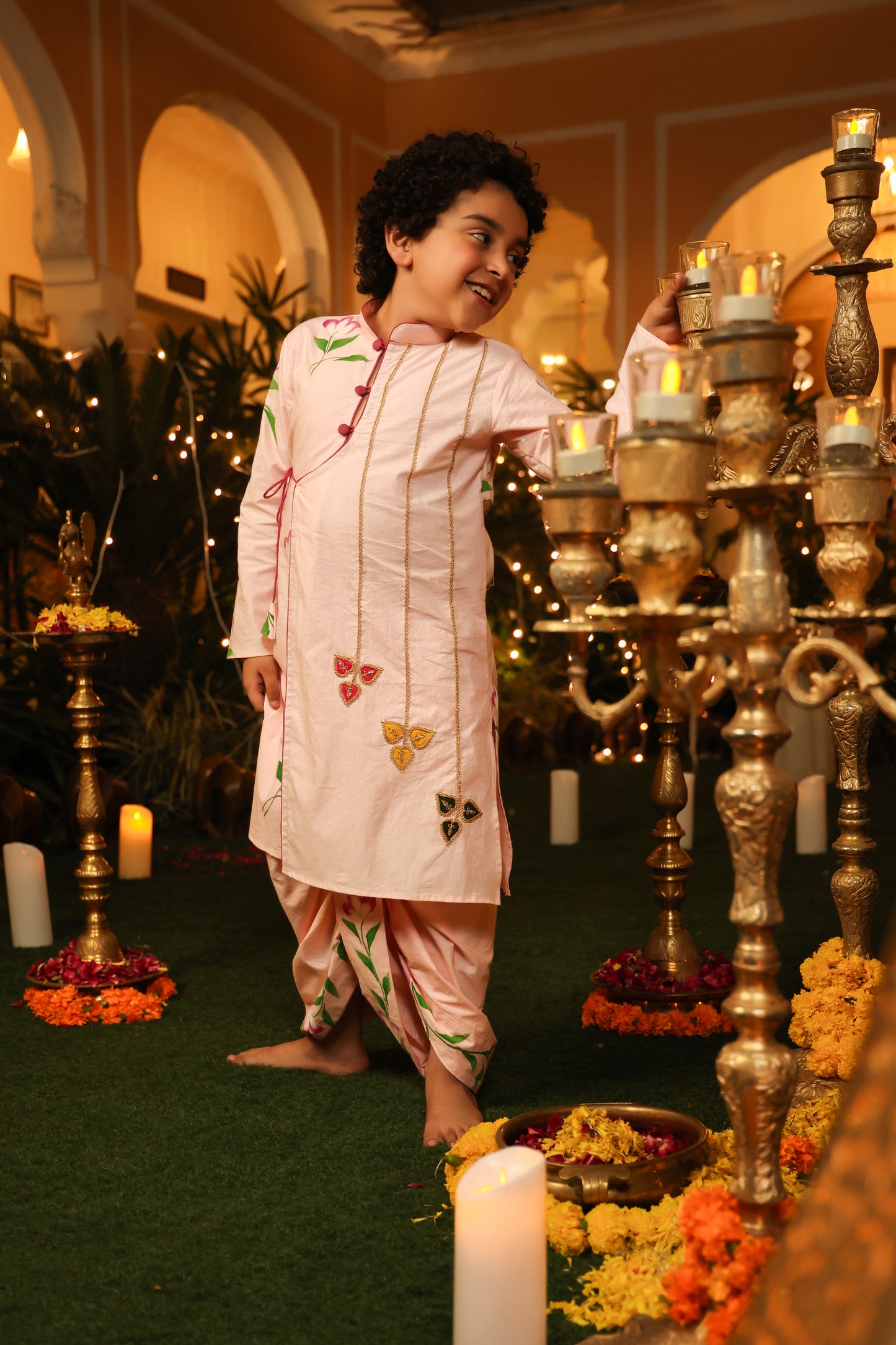 Boy Handpainted Angarkha Dhoti Set-Pink