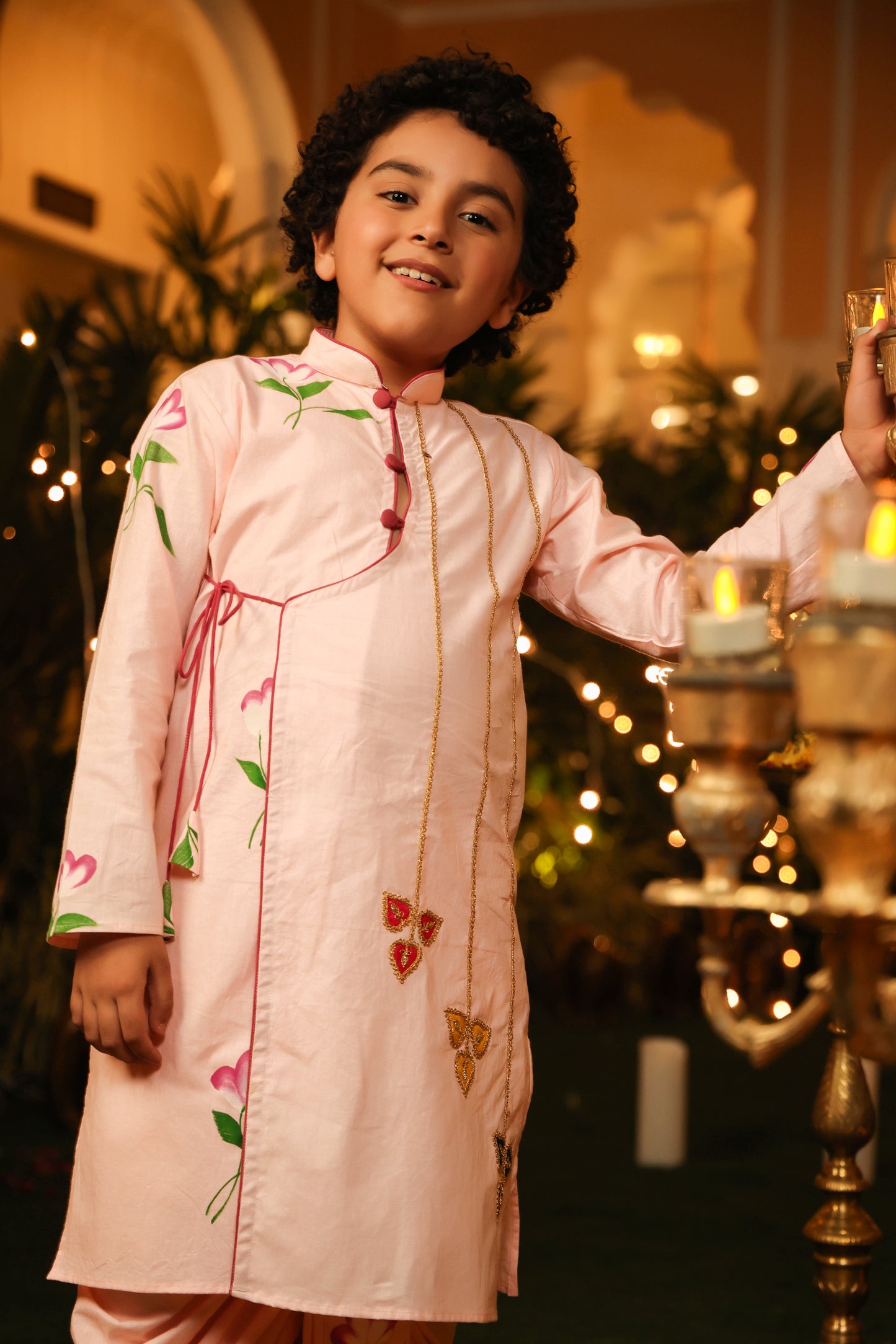 Boy Handpainted Angarkha Dhoti Set-Pink