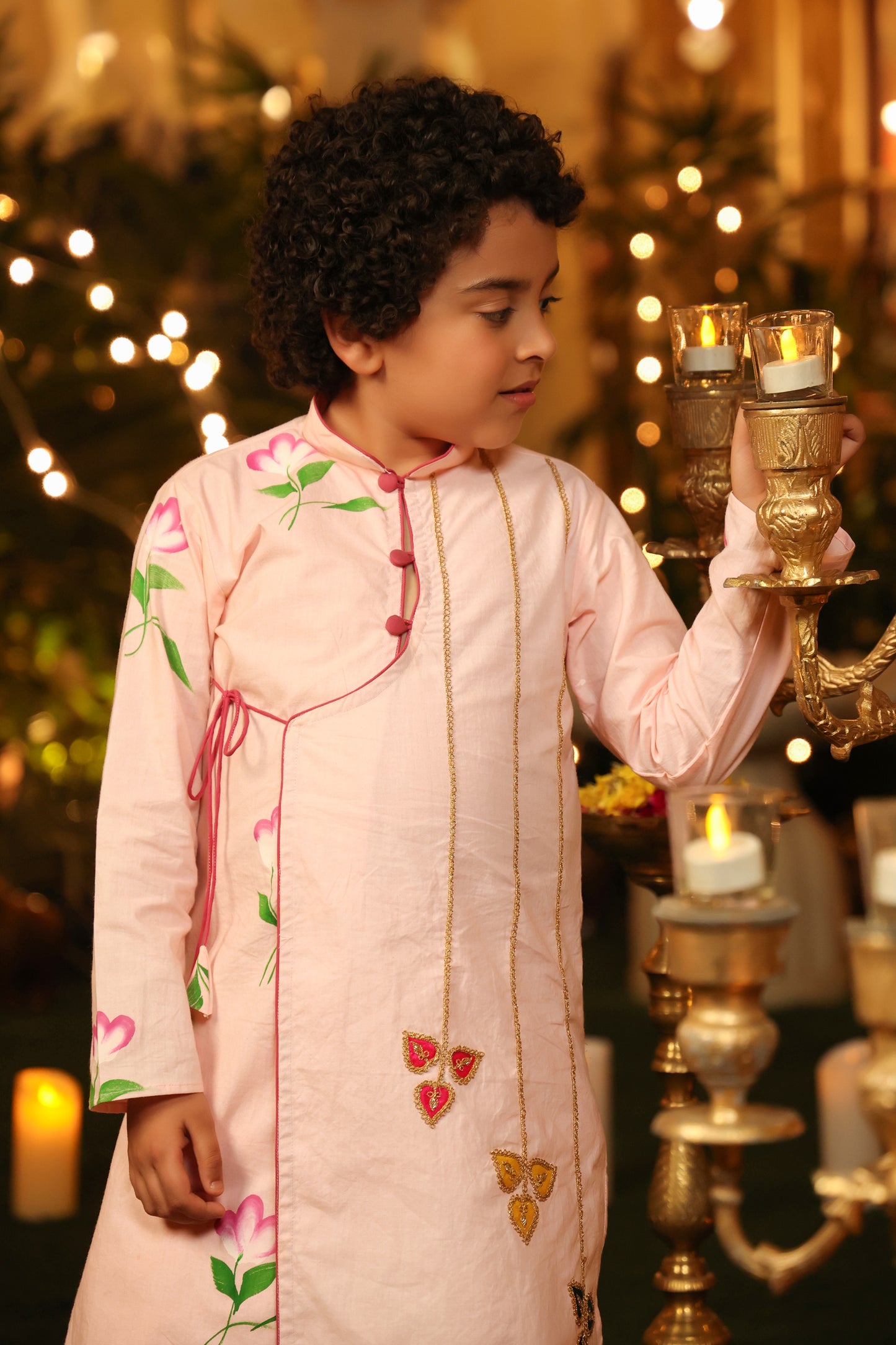 Boy Handpainted Angarkha Dhoti Set-Pink