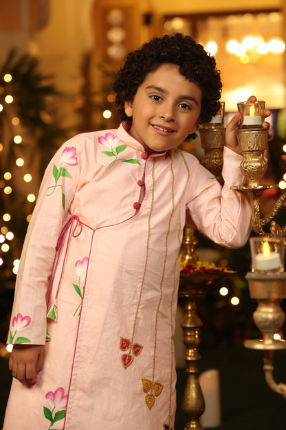 Boy Handpainted Angarkha Dhoti Set-Pink