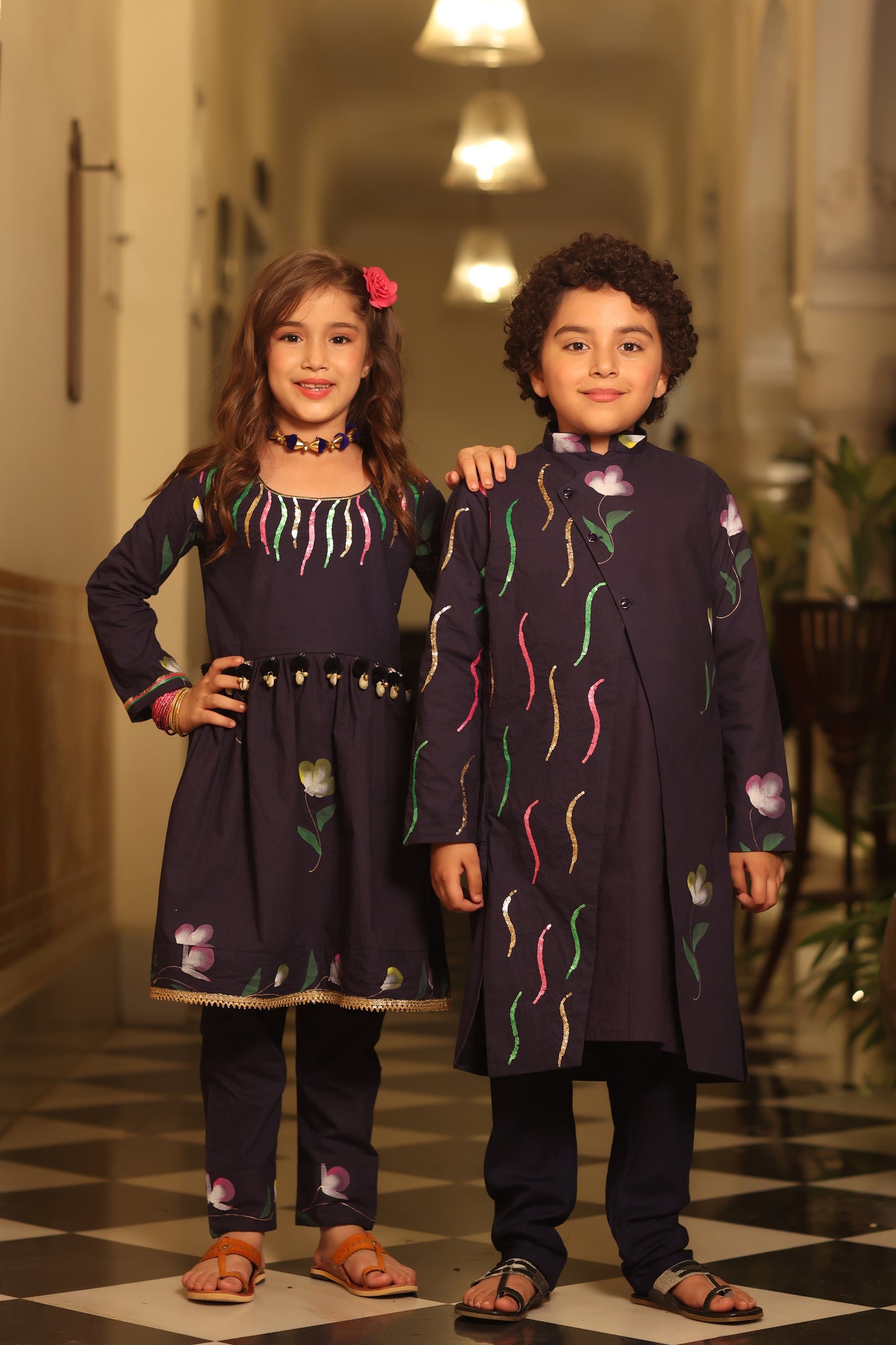 Girl Handpainted Kurta Pant Set - Navy Blue