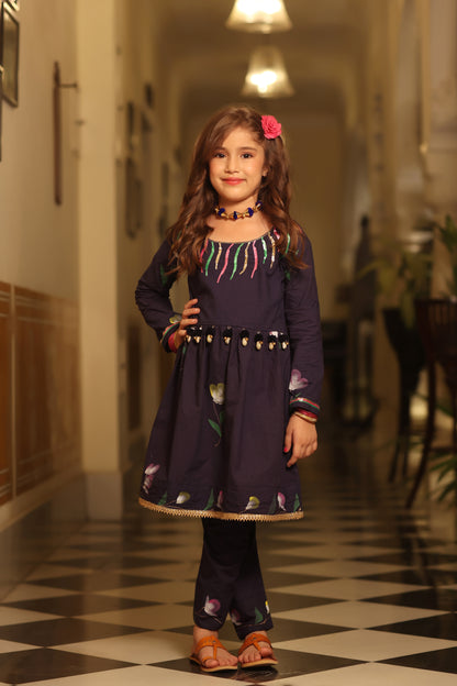 Girl Handpainted Kurta Pant Set - Navy Blue