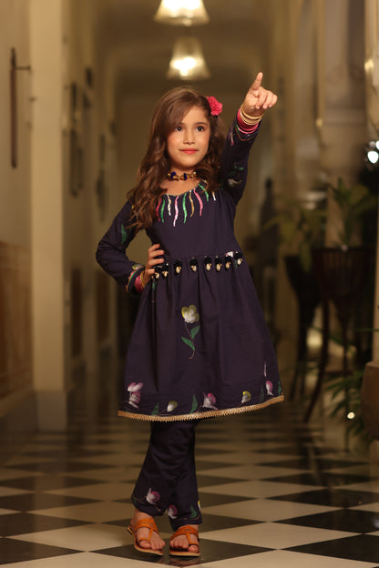 Girl Handpainted Kurta Pant Set - Navy Blue