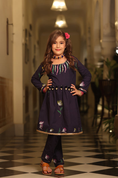 Girl Handpainted Kurta Pant Set - Navy Blue