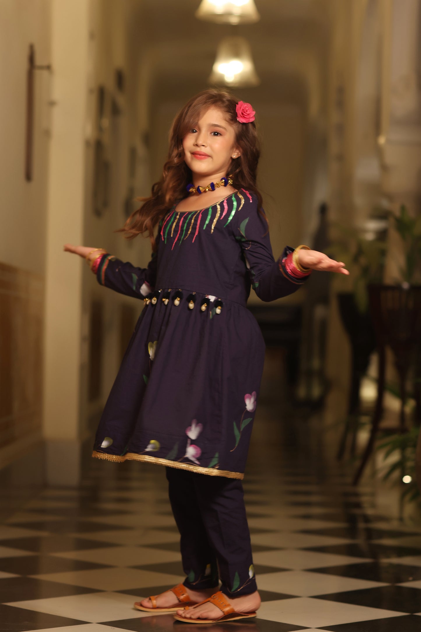 Girl Handpainted Kurta Pant Set - Navy Blue