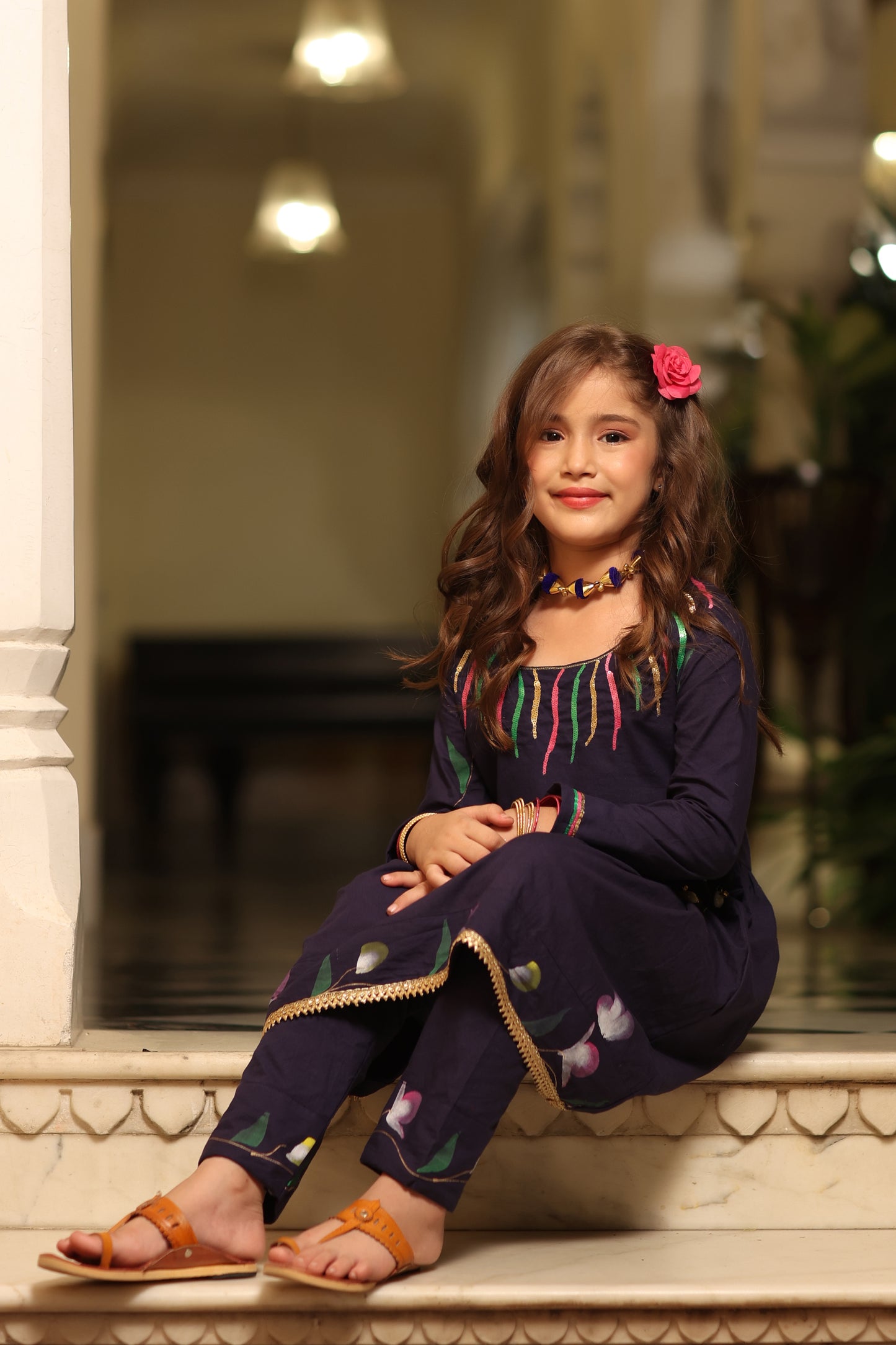 Girl Handpainted Kurta Pant Set - Navy Blue