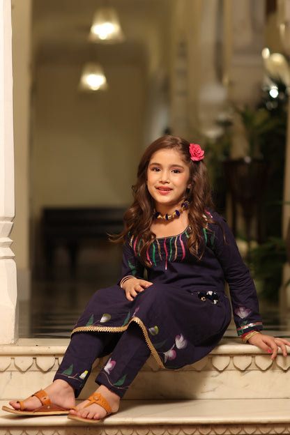 Girl Handpainted Kurta Pant Set - Navy Blue