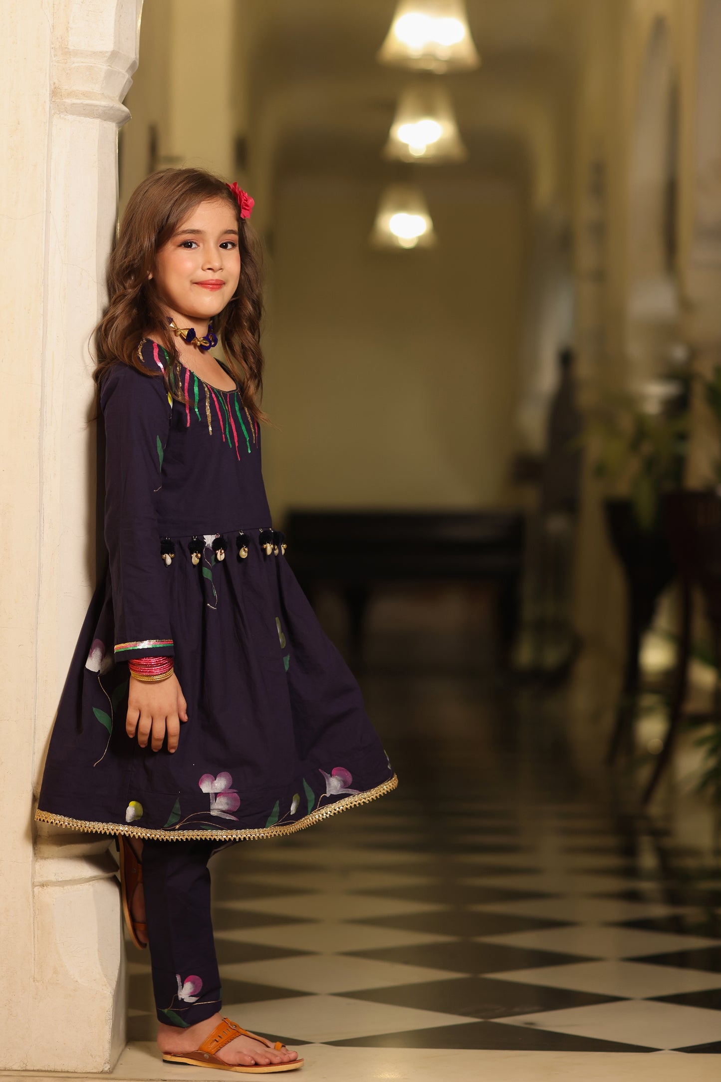 Girl Handpainted Kurta Pant Set - Navy Blue