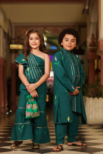 Boy Front Open Style Handpainted Kurta Set - Bottle green