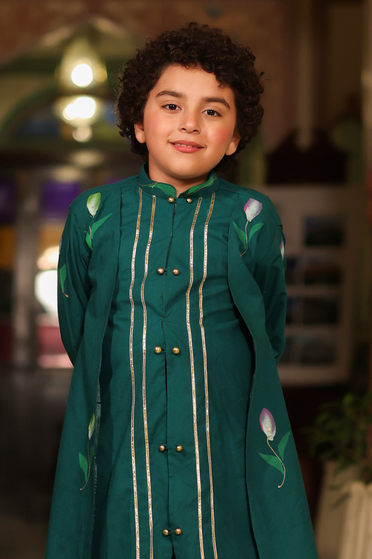 Boy Front Open Style Handpainted Kurta Set - Bottle green