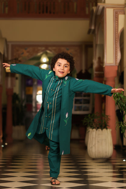 Boy Front Open Style Handpainted Kurta Set - Bottle green