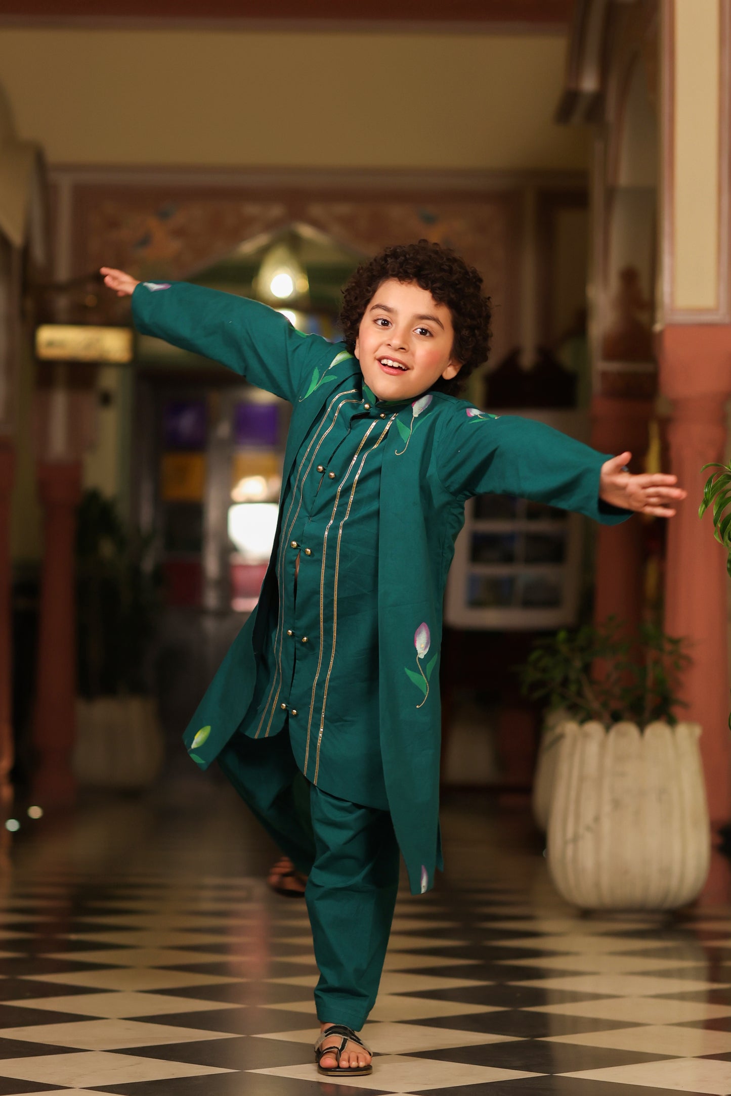 Boy Front Open Style Handpainted Kurta Set - Bottle green