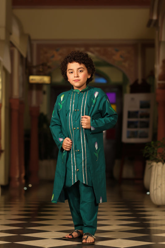 Boy Front Open Style Handpainted Kurta Set - Bottle green