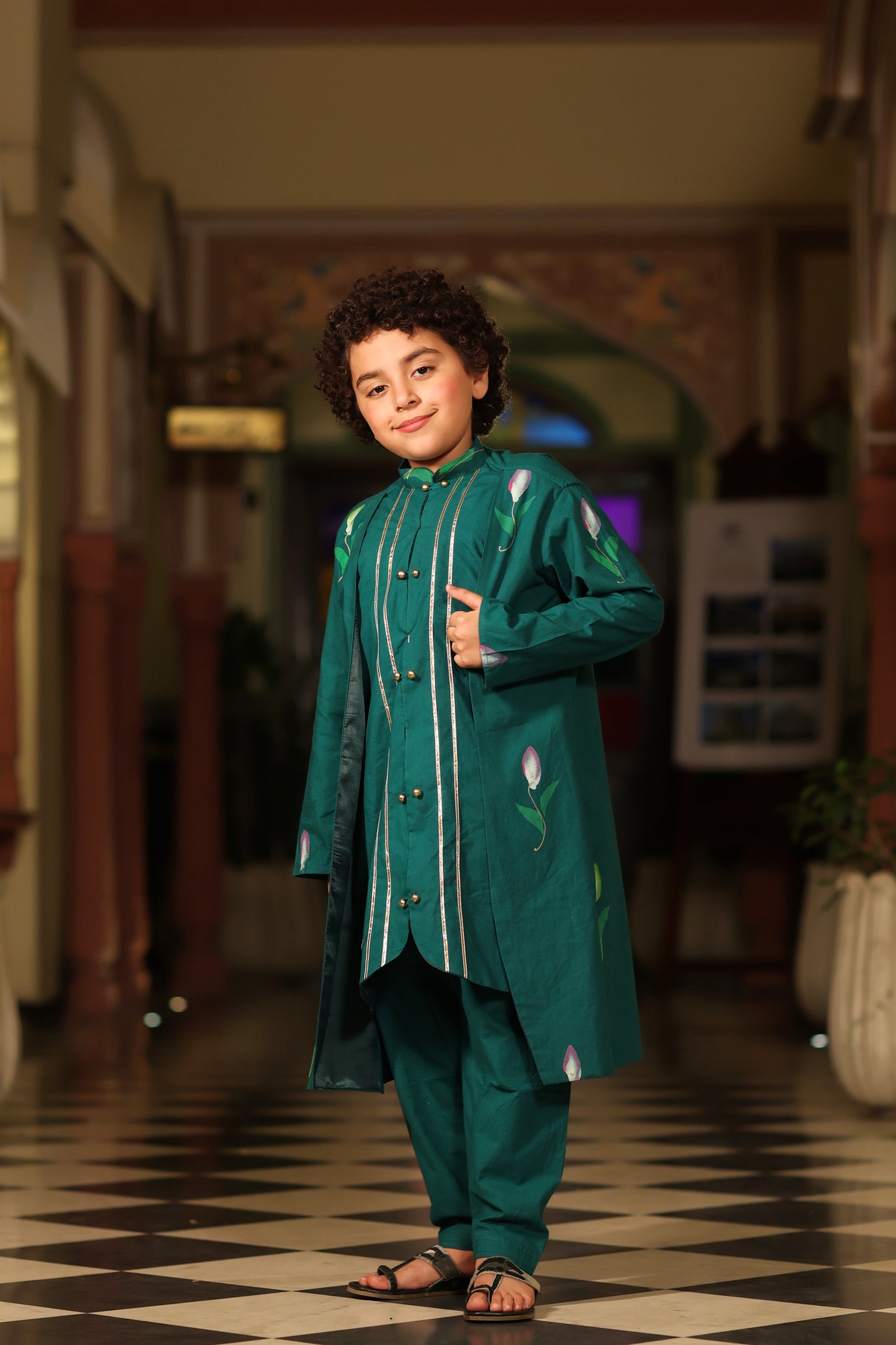 Boy Front Open Style Handpainted Kurta Set - Bottle green