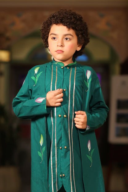 Boy Front Open Style Handpainted Kurta Set - Bottle green