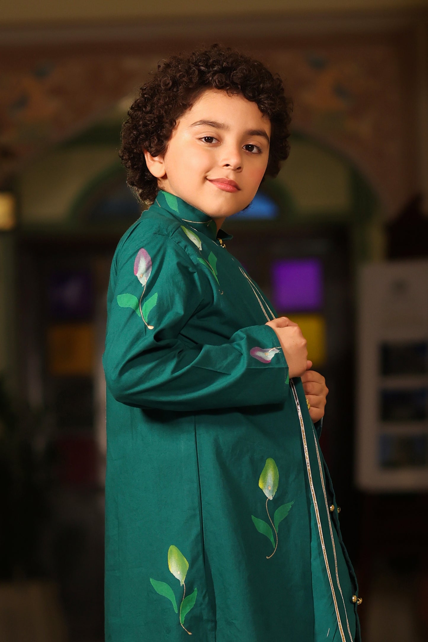 Boy Front Open Style Handpainted Kurta Set - Bottle green