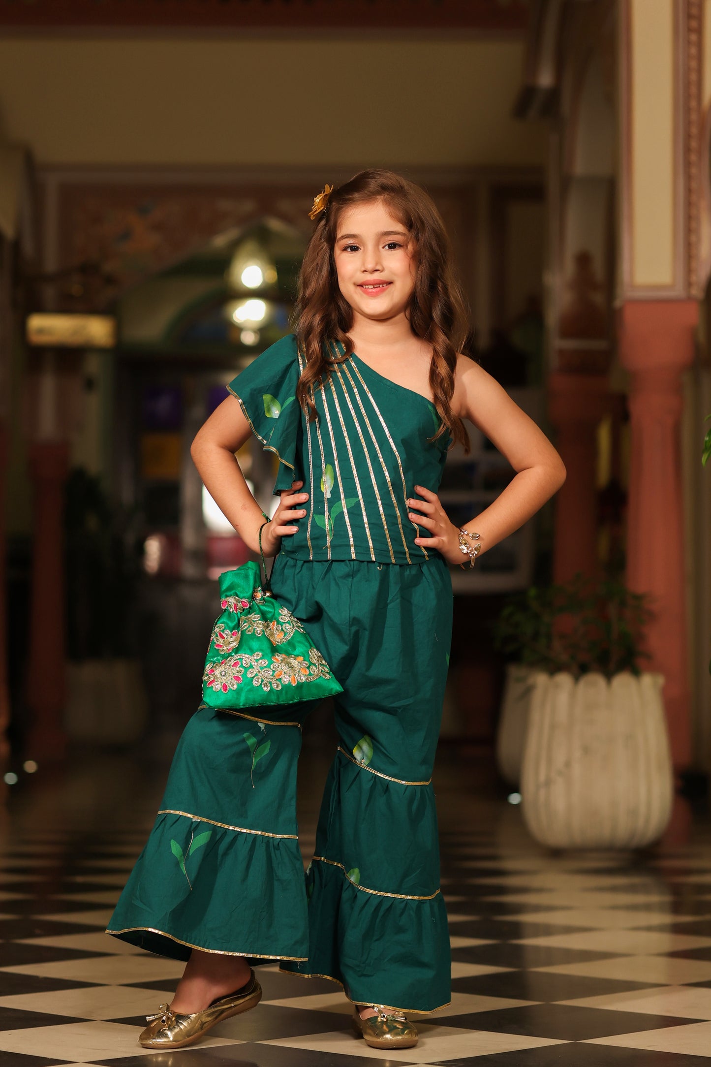 Girl Handpainted Sharara Set-Bottle Green